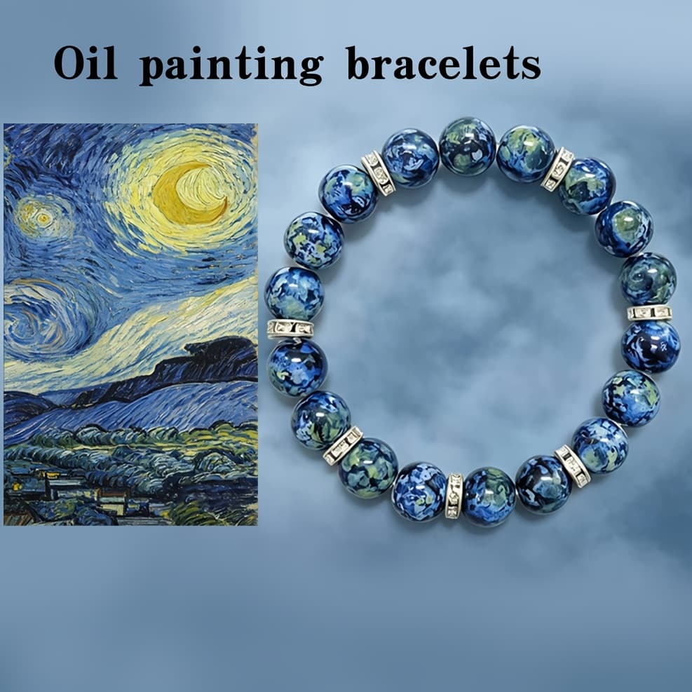 TEMU Vintage Oil Painting Series Beaded Bracelet, Featuring Van 's "starry Night" Color Scheme, Made -friendly Elastic Cord, Suitable For Versatile Layering For Men And Women