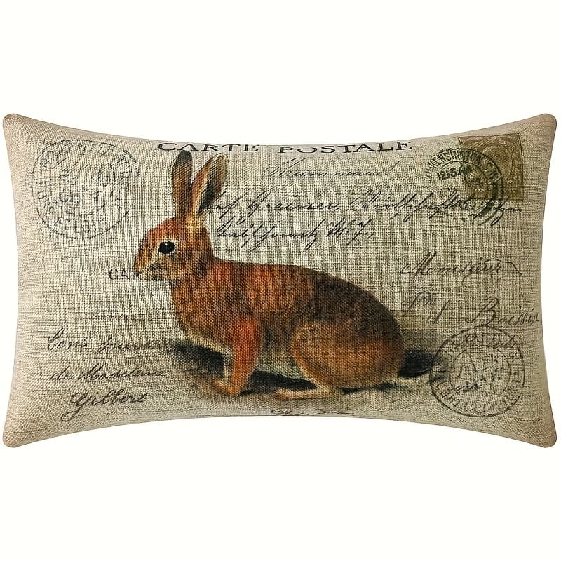 TEMU 12x20 Inch Farmhouse Easter Bunny Pillow Cover - Vintage Postal Design With Rabbit & Stamp Pattern, Zipper Closure For Sofa, Couch, Bedroom - Machine Washable Decor