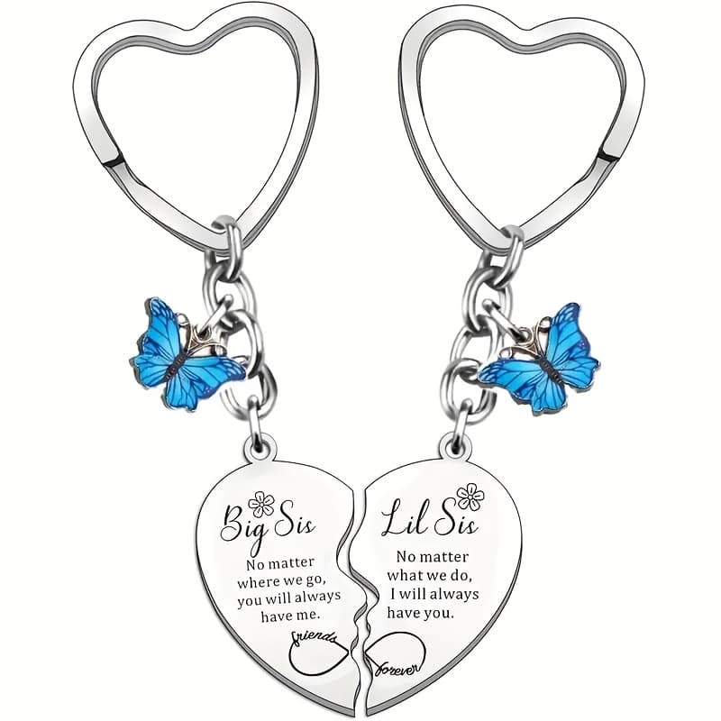 TEMU [2pcs Sister Heart Keychain] 2pcs Set Sister Heart Keychain, Stainless Steel & Alloy, With Engraved Messages And Charms, For Birthday And Christmas Gifts