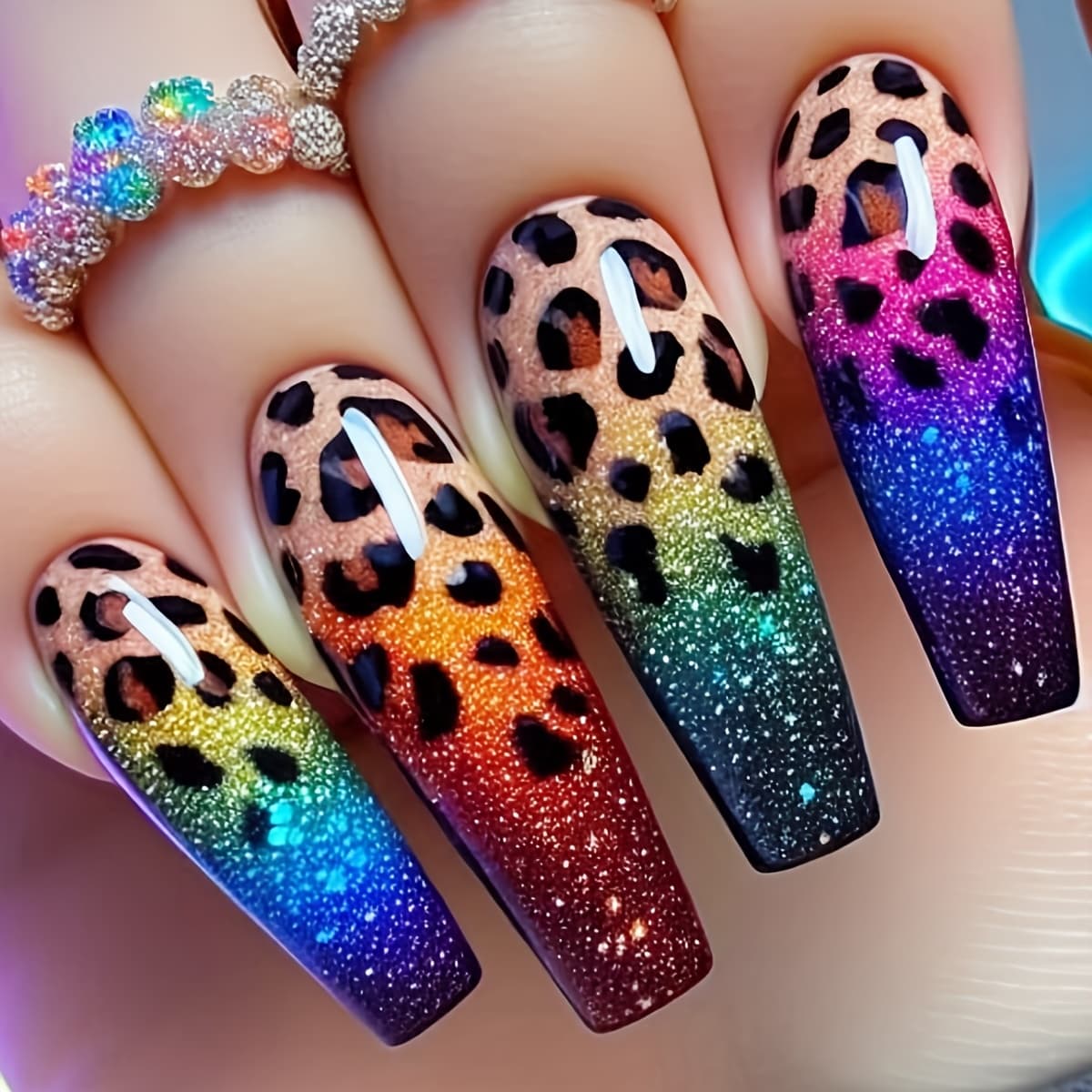 TEMU 24pcs Long Ballet Gradient Color Leopard Print Glitter Press-on Fake Nails