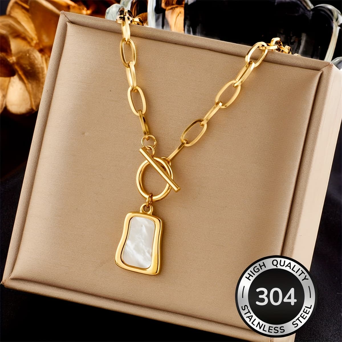 TEMU 304 Stainless Steel Necklace White Irregular Pendant Fashionable Unisex Necklace