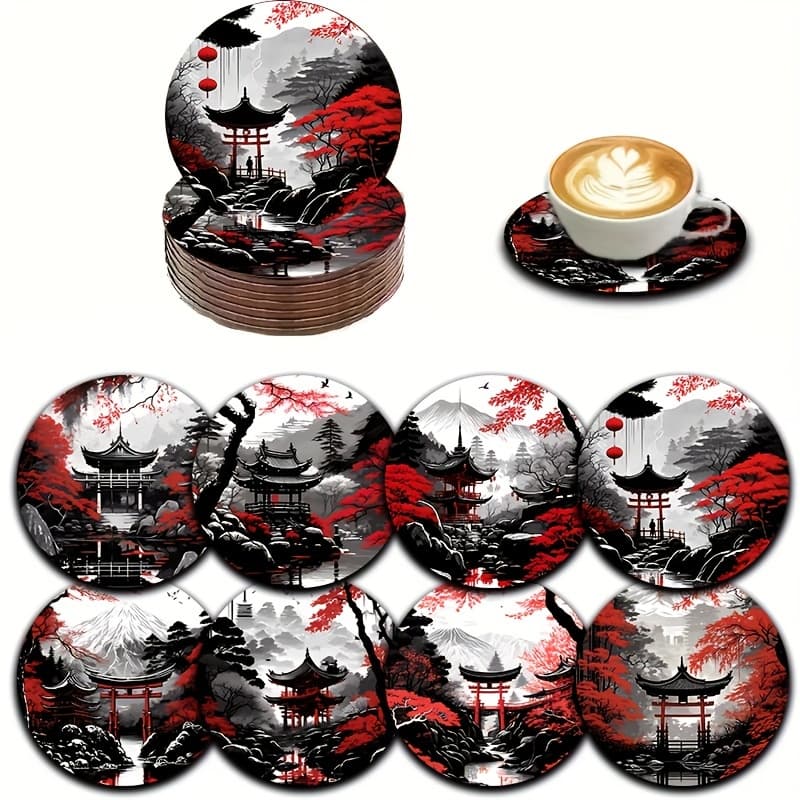 TEMU 8pcs Japanese Landscape Wooden Coasters Set, Painting, Bird Gate, , , Tea Cup Pads, Coffee & Drink Mug Coasters, Home & Dining Decor, Ideal Housewarming Gift For Parents &