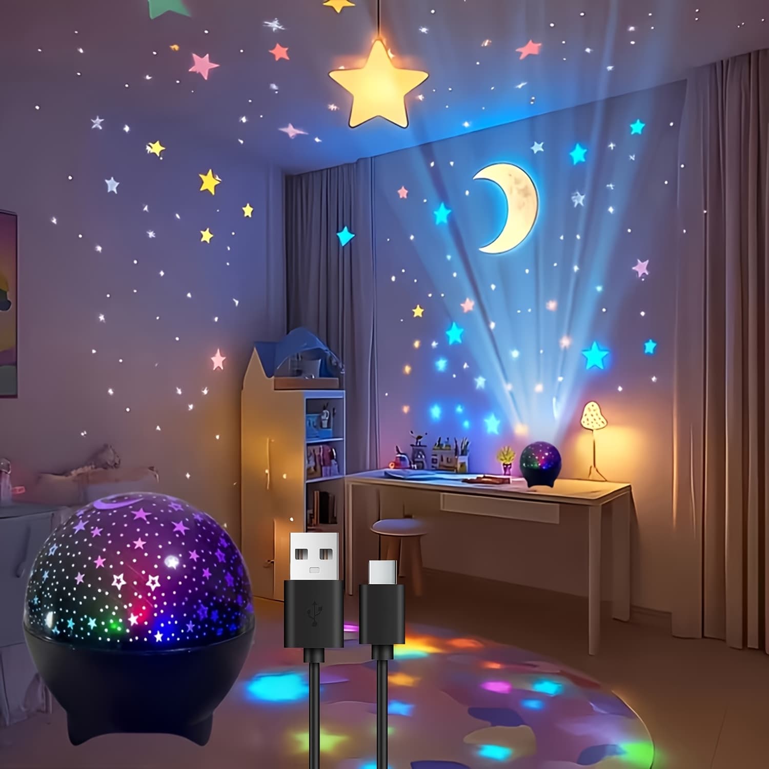 TEMU Star Projection Lamp, 7-color, Bedroom, Gaming Room, Living Room Night Light - Fantasy Theme, Desktop Installation, No Battery Required, Suitable For 11 Holidays