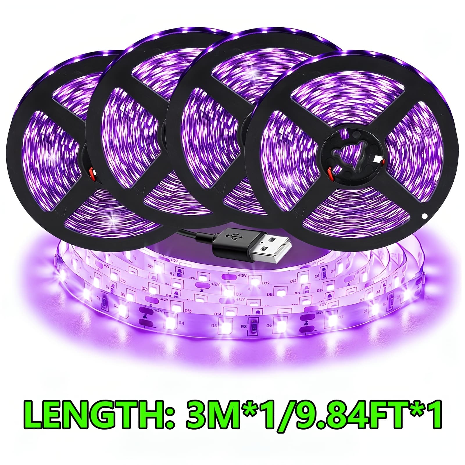 TEMU 3/5m Black Strip Lights, Tv Background Lights, Halloween Black Light Strips, Lights, Glass Cabinet Display Lights, Usb Power Supply, Ceiling Decoration, Stage