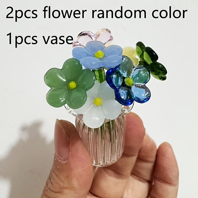 TEMU 3/6pcs Mini Glass Flowers And Vase For Table, Random Color Tiny Glass Flowers With Stems Miniature Glasses Flowers, Mini Glasses Flower Bouquet For Gift Birthday , Office, Home Desktop Ornament