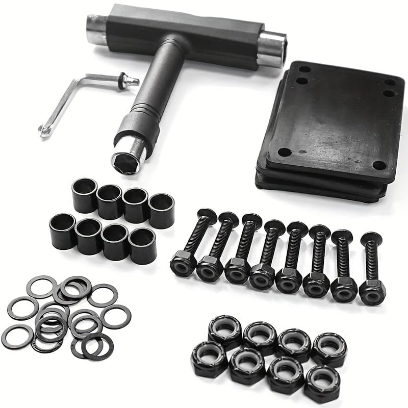 TEMU Skate Tools Portable Skateboard T Accessory With Tool Phillips Head Wrench Screwdriver, 4 Gaskets, 8 Pairs Of 29mm Bridge Studs, 8 , 16 Black Sliding Wires, 8 M8 Nuts