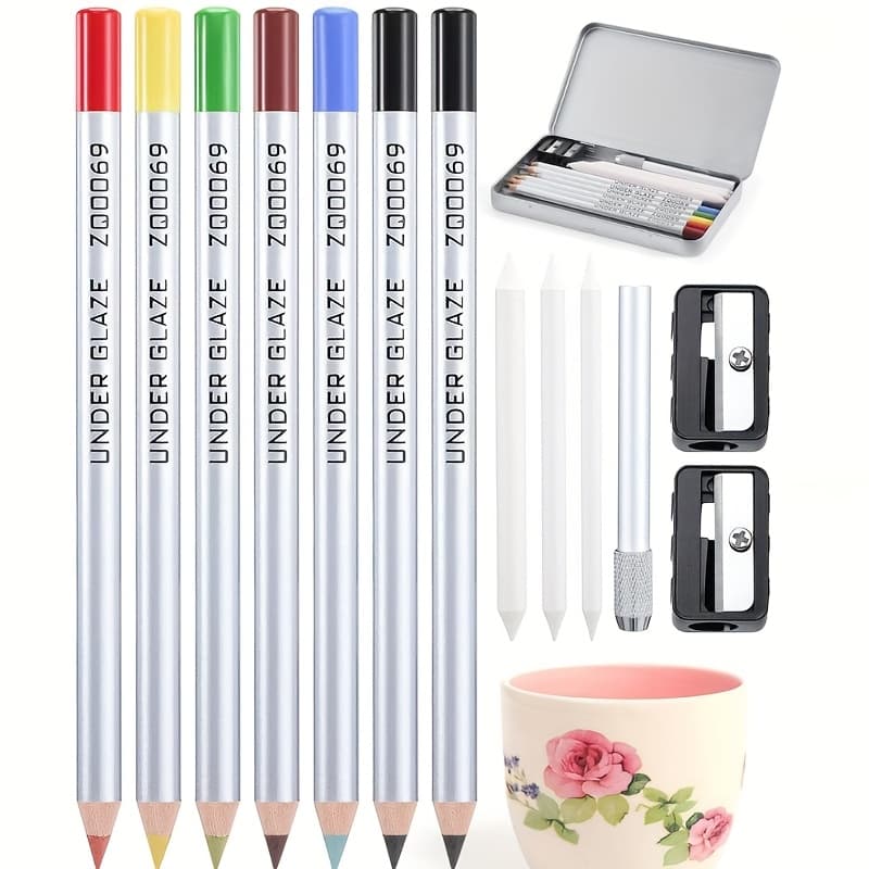 TEMU 14pcs Underglaze Pencil Kits 7pcs Multicolor Underglaze Pottery Pen For Ceramics With Blending Stump Pencil Extenders Sharpener Pen Case For Decorating Under Ceramic Pottery Bisque Ware