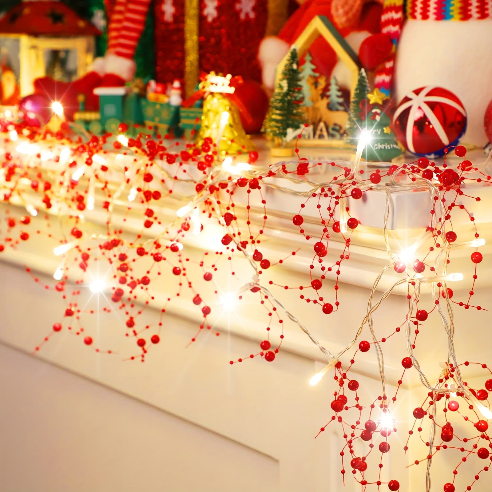 TEMU 16.5 Feet Beaded Garland String Light Valentine's Day Mantle Decor Pearl Warm Led Lights Festive Lighted Battery Operated Indoor Garland For Spring-wedding Home Party Decor