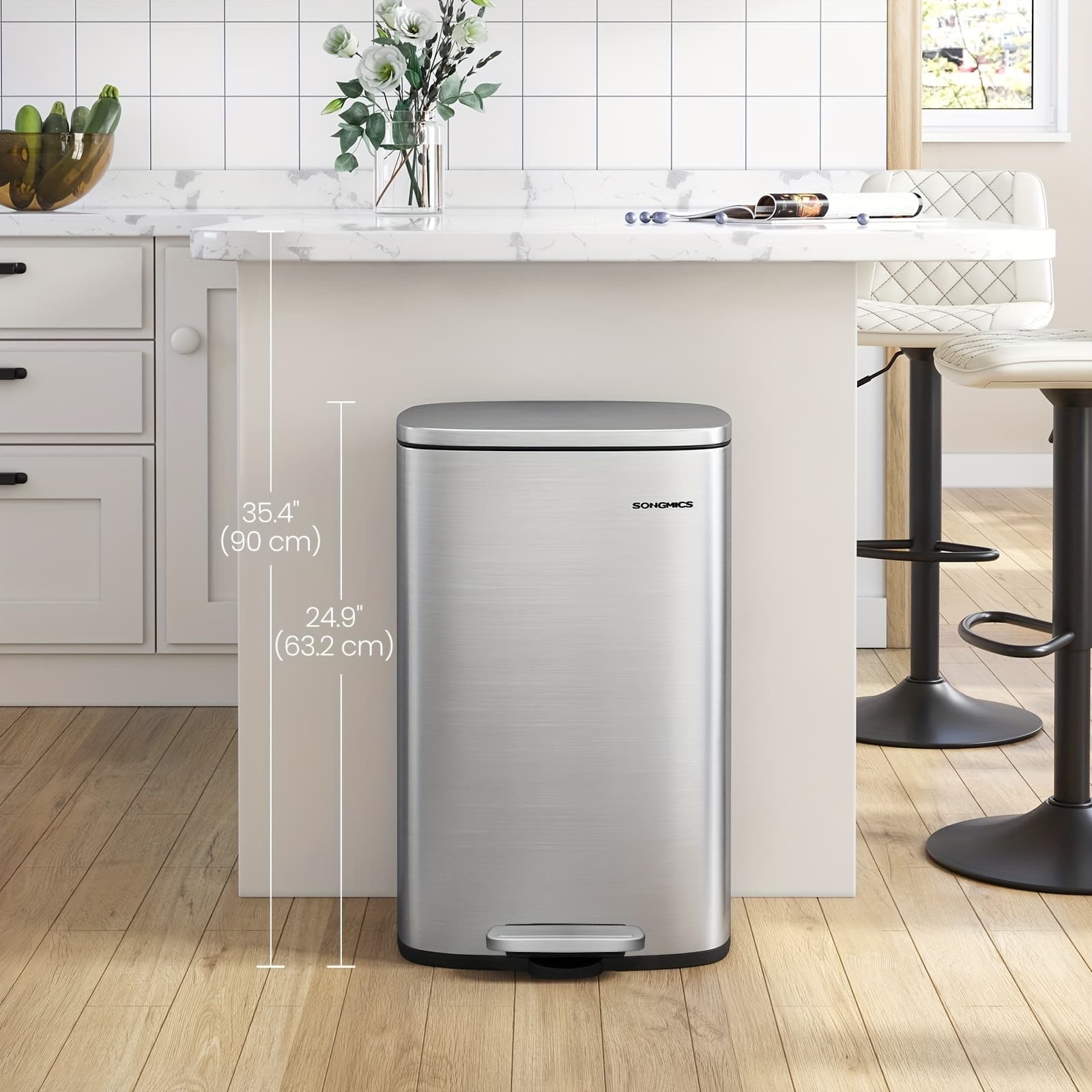 TEMU 13 Gallon (50l) Trash Can, Stainless Steel Kitchen , Recycling Or Waste Bin, Soft Close, Step-on Pedal, Removable Inner Bucket, Silvery