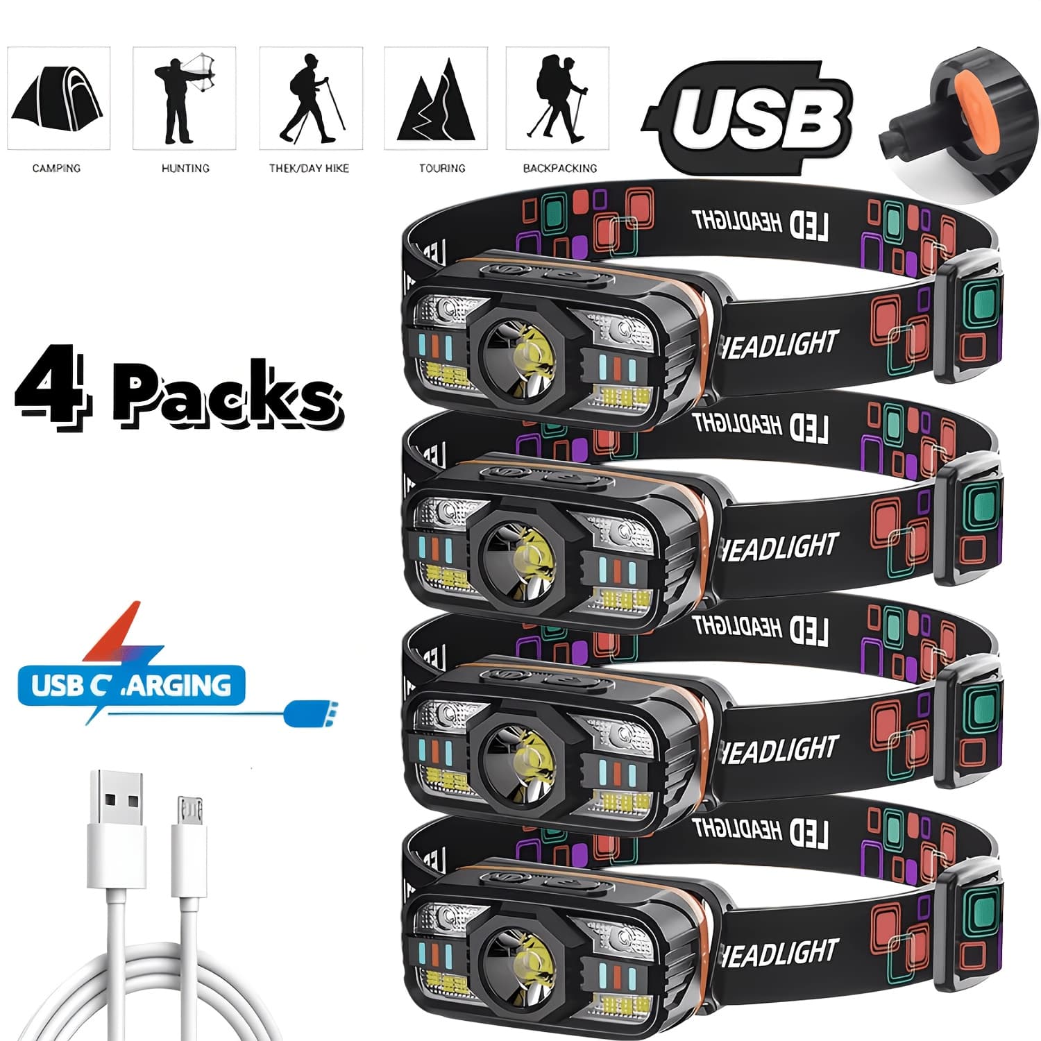 TEMU 4pcs Rechargeable Flashlight, Usb-c Charging With 6 Lighting , Adjustable Focus & Motion Sensor Led Headlight, Ideal For Camping, Hiking, Running, Cycling, Fishing, Repair Work &