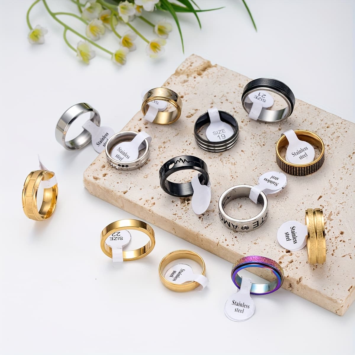 TEMU 10pcs Stainless Steel Ring Set, Large Size Stainless Steel Ring, Carved Pattern, Low Cost Unisex Single Ring, Suitable For Casual Attire, Cheap Ring Set