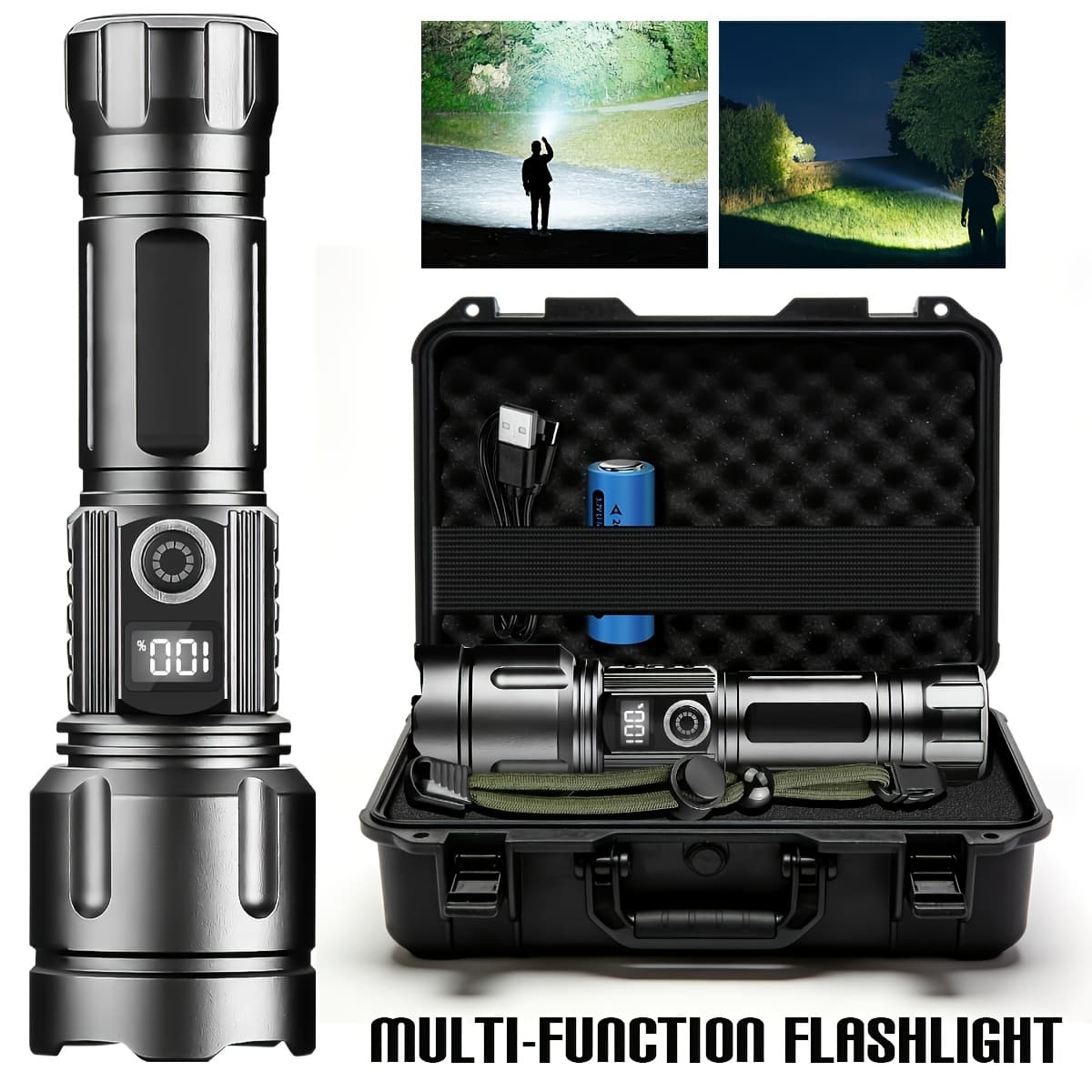 TEMU 4500lumen Heavy-duty - Rechargeable Flashlight With Digital Display, Adjustable & Long Range Beam - Compatible For Camping, Survival, Emergency - Portable Light For
