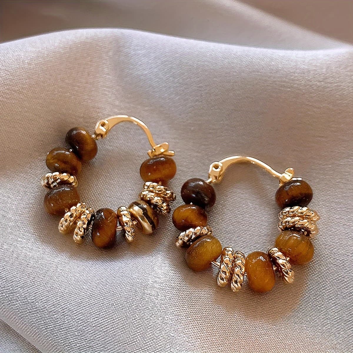 TEMU 1 Pair Vintage Elegant Natural Stone Tiger Eye Beads Hoop Earrings For Women Festival Birthday Dating Prom Evening Party Holiday Daily Additions