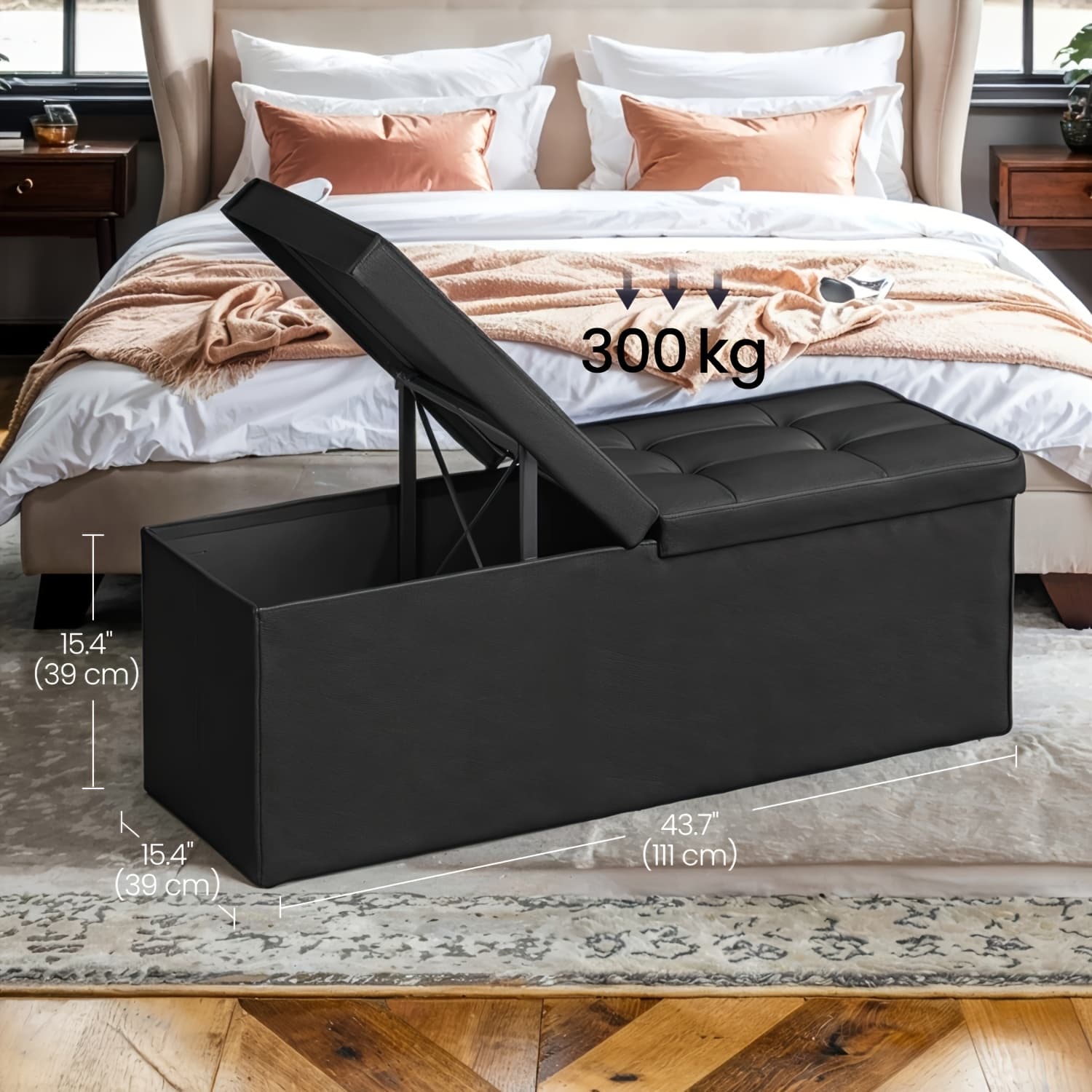 TEMU 43 Inches Storage Ottoman Bench With Flipping Lid, Storage Chest With Support, Load 660 Lb, For Living Room, Bedroom, Synthetic Leather