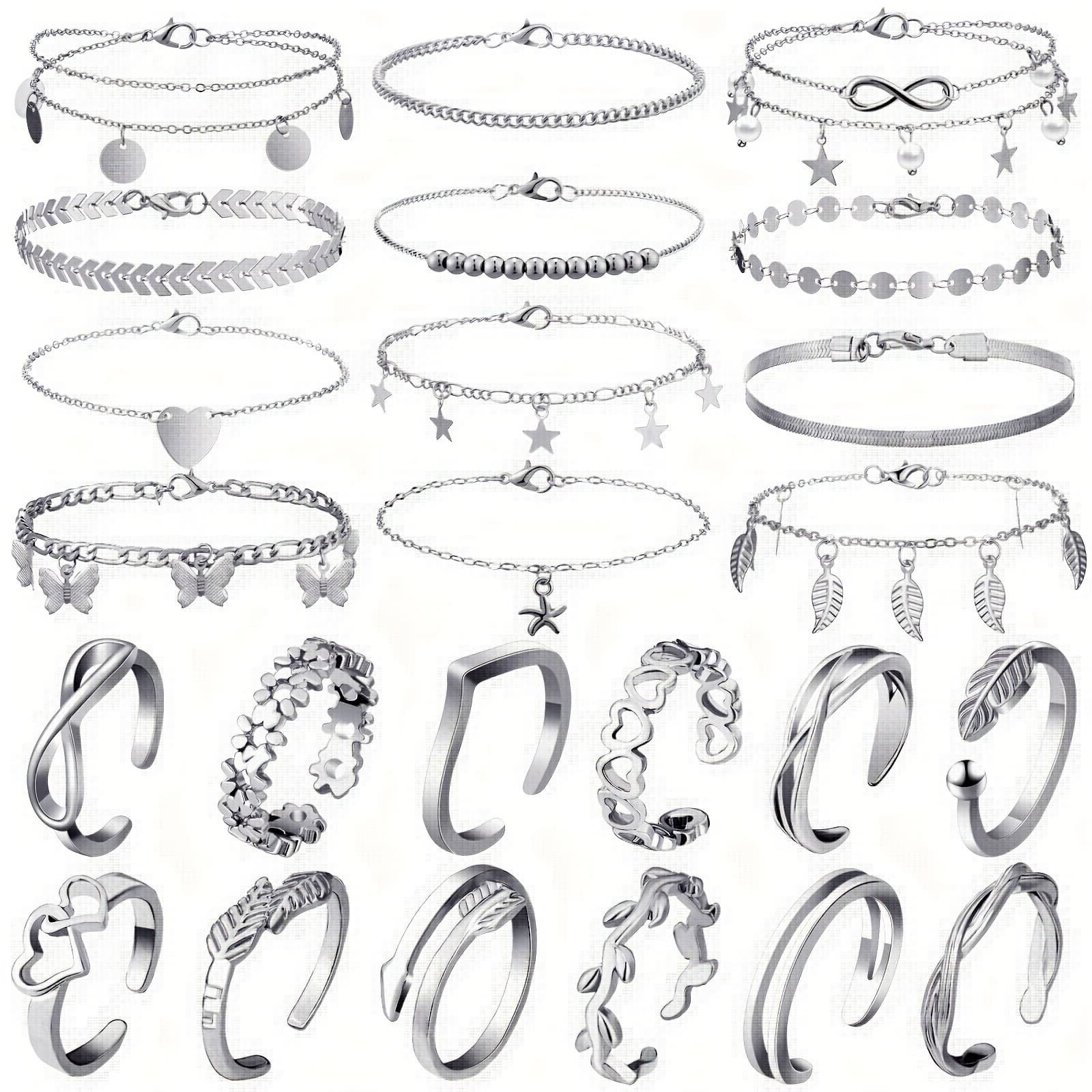TEMU 24pcs Anklet And Toe Ring Set For Women Silvery Golden Layered Anklet Chain Adjustable Open Toe Ring Foot Jewelry(silvery)