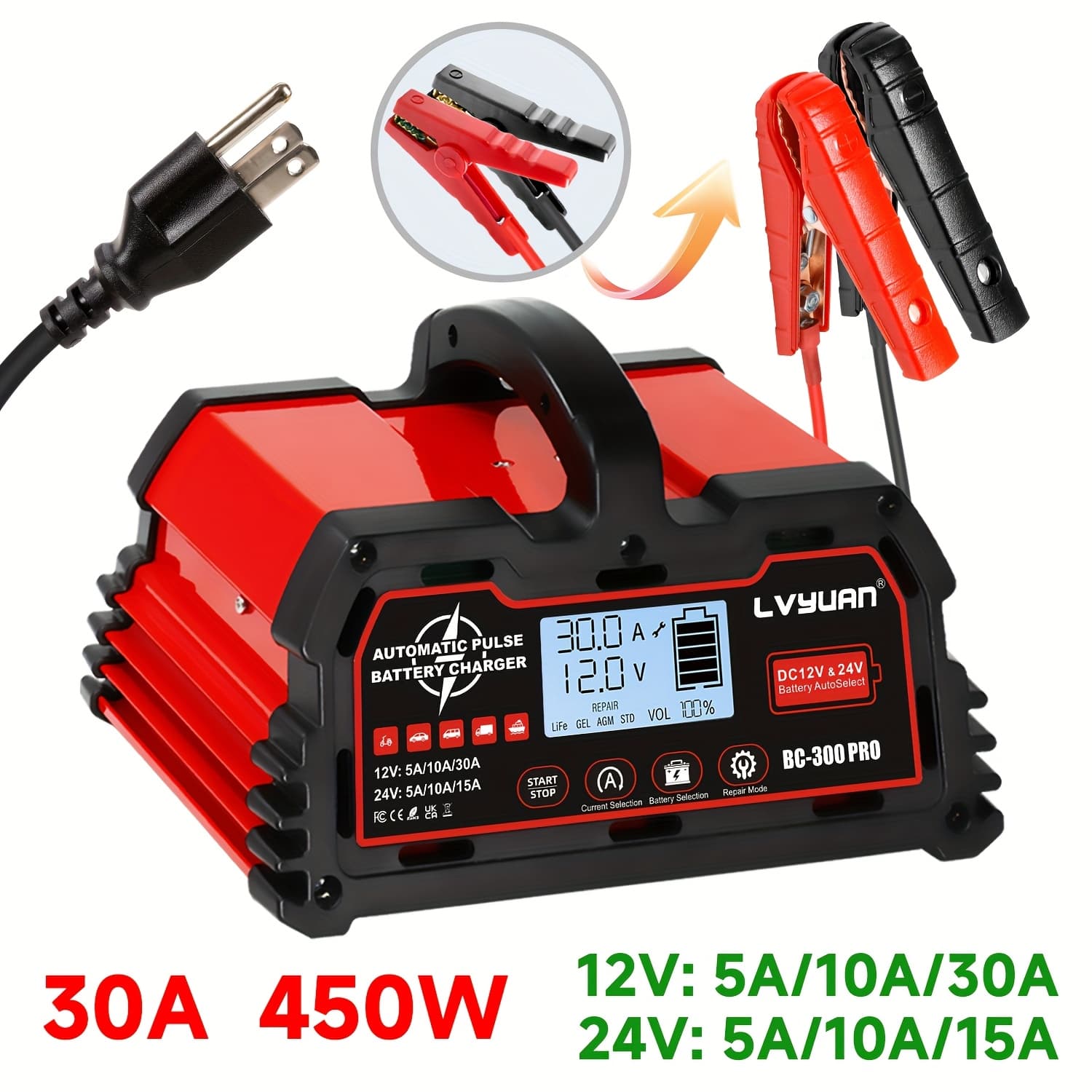 TEMU Battery Charger 30a, 12v/24v Lead Acid Smart Battery Charger, 12v Lifepo4 Car Battery Trickle Charger, Automatic Battery Maintainer For Car Motorcycle Lawn Mower Marine Boat Lead Acid Batteries