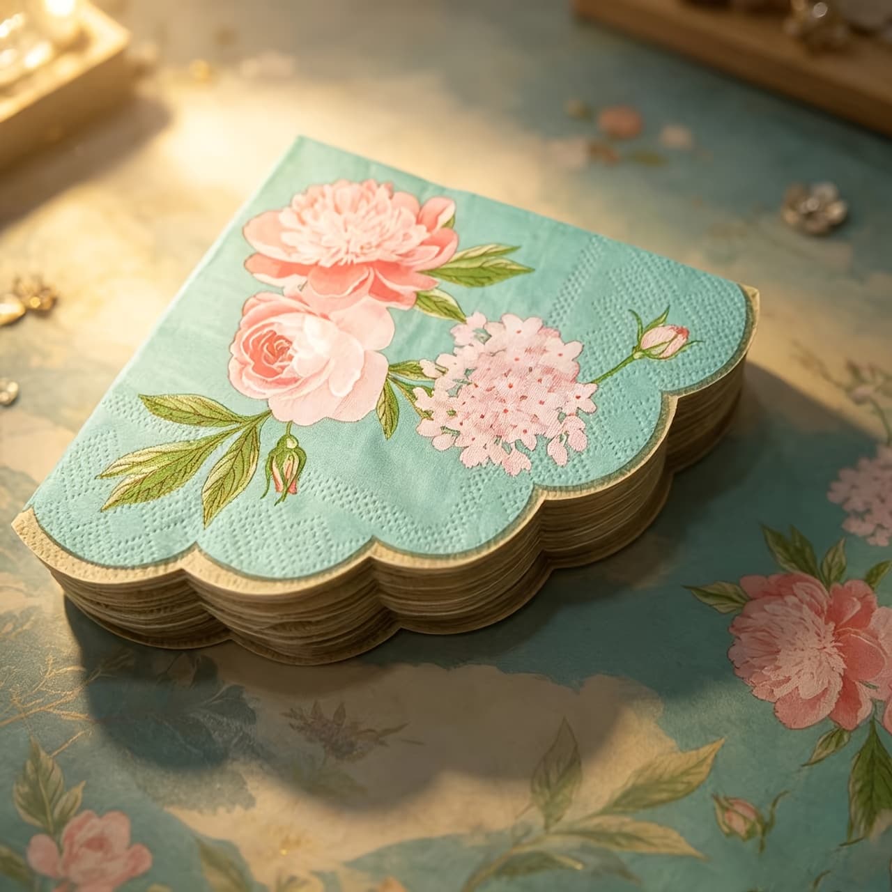 TEMU 25pcs And 50pcs Of Fan-shaped Wave-patterned Green-bottomed Red- Disposable Printed Napkins, Suitable For Wedding Banquets, Hotel Coffee Shops' Table Decorations, Birthday Parties, Etc