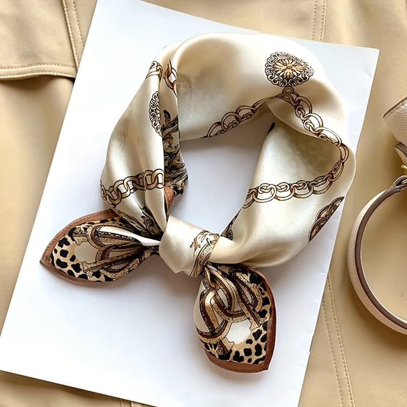 TEMU 27.5 Inch Chain Leopard Scarf Brown Satin Square Scarf Women's Headscarf Decorative Scarf