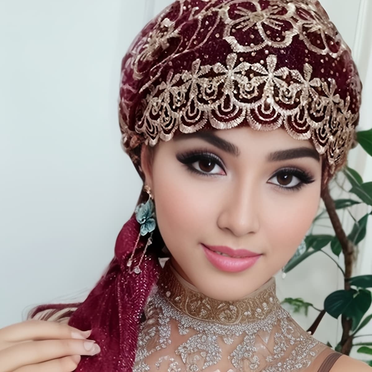 TEMU 1pc Ethnic Headscarf Ladies Tie Scarf Beauty Gauze Hat Scarf, Gauze Elegant Double Elastic Headscarf With Golden Pattern And Tassel-hand Washable, Perfect For Celebrations