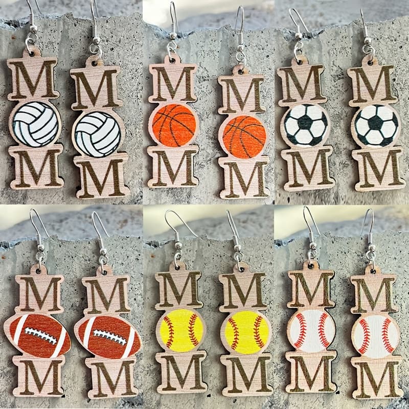 TEMU 6 Pairs/set Mom Baseball/ Volleyball/ Soccer/ Football/ Basketball Decor Dangle Earrings Easy Sporty Style Wooden Jewelry Gift For Mother And Sports Enthusiasts