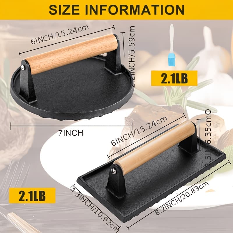 TEMU Dual-size Cast Iron Smash Press - Heavy Duty Beef And Patty Press With Ergonomic Wood Handle For Bbq/kitchen