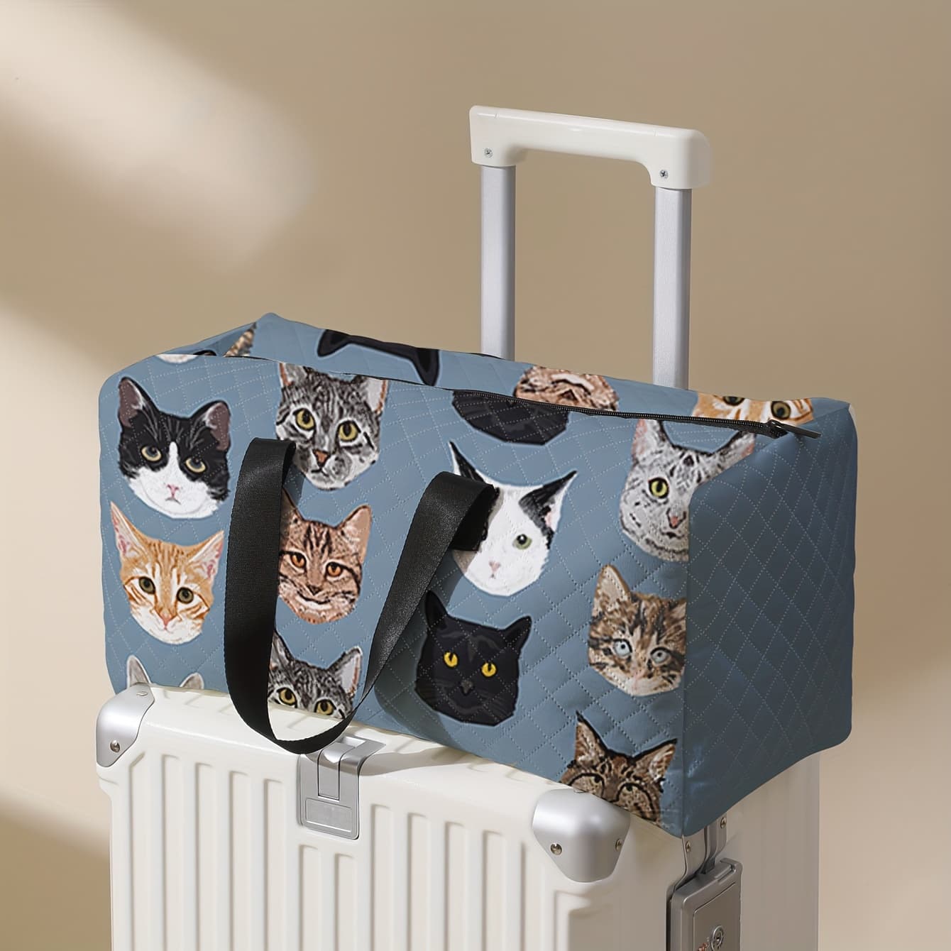 TEMU 1pc, Cat Printed Tote Bag, Diamond Grid Large Capacity Travel Luggage Bag, Portable Overnight Bag, Fashionable Travel Bag, Yoga Training Bag, Portable Crossbody Bag With Shoe Storage
