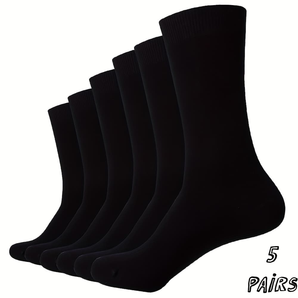 TEMU 5-pack Black Dress Socks, Solid Color For Business Wear - Mid-calf Unisex Sports & Outdoor