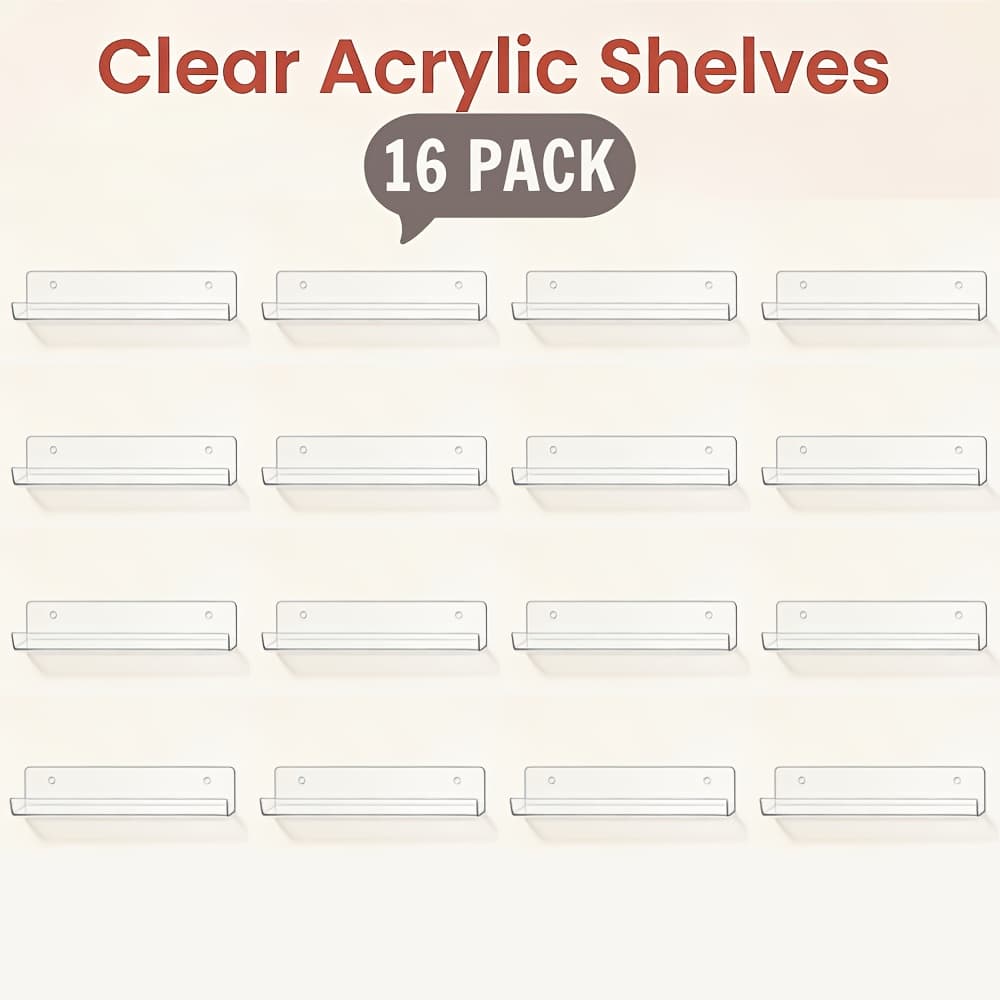 TEMU 8/16 Pack Acrylic Floating Shelves | 15 Inchx4 Inch Wall Hanging Display Shelf Organizer For Bathroom, Bedroom, Living Room, Kitchen, Room Decor, Clear