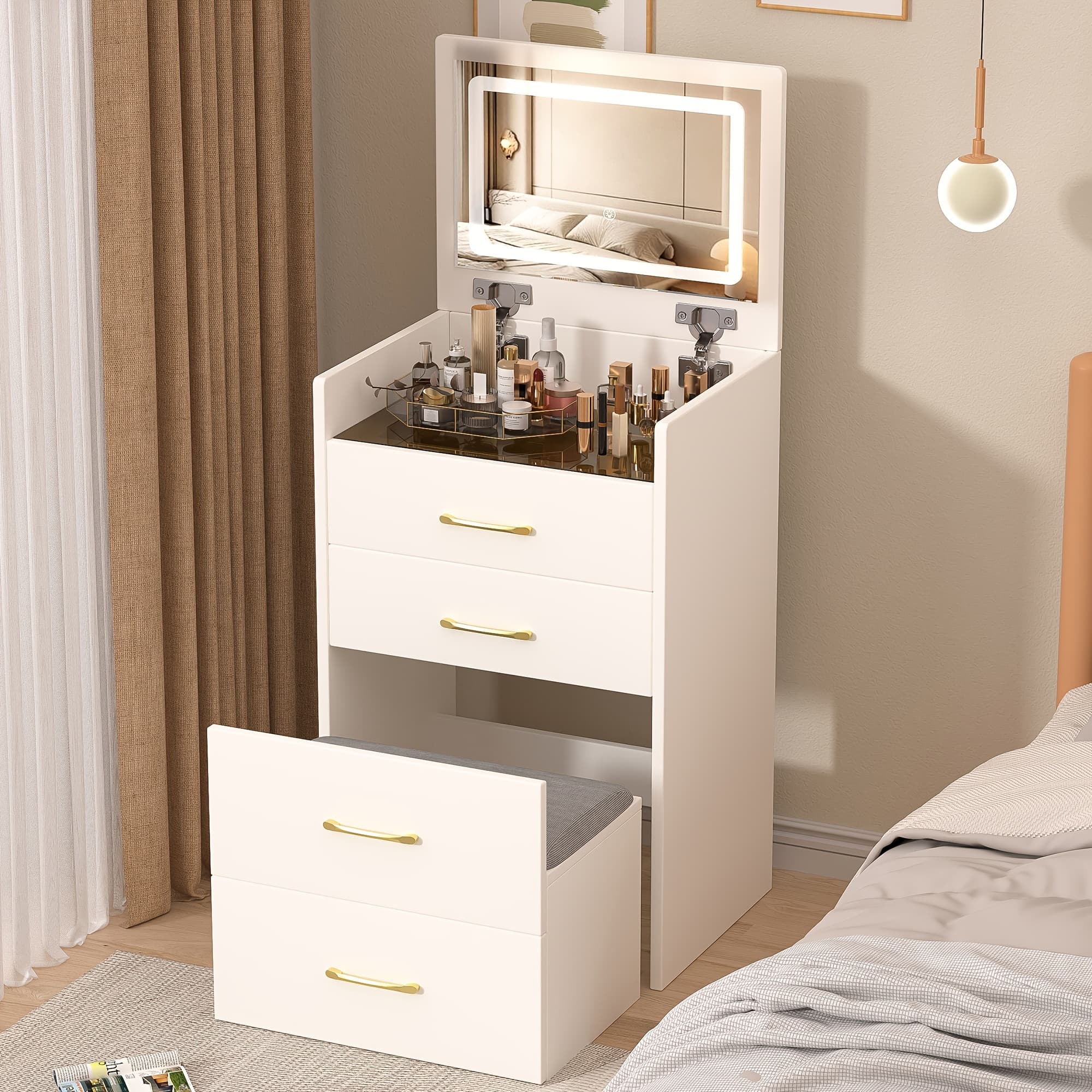 TEMU 3in 1 Vanity Desk With Open Top Mirror, Small Make Up Vanity Set With Glass Desktop, Compact Makeup Vanity With 3 Drawers, Dressing Table For Bedroom