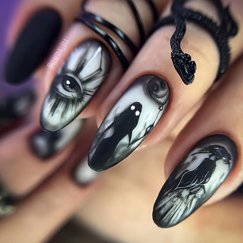 TEMU Dark Crow Press-on Nails, Black And White Hand-painted Long Nail Tips, Halloween Horror Themed Unique Nail Art