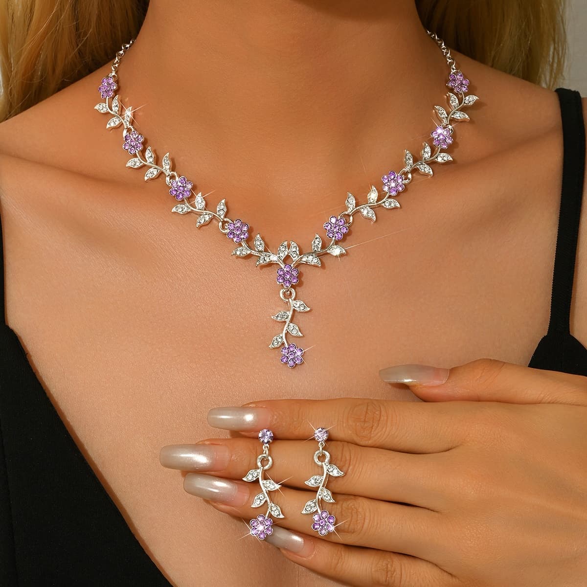 TEMU 3pcs/set Fashion Flower Pendant Earrings And Necklace Wide Face Jewelry Set Suitable For Banquet, Wedding, Birthday Gift, Party Dressing