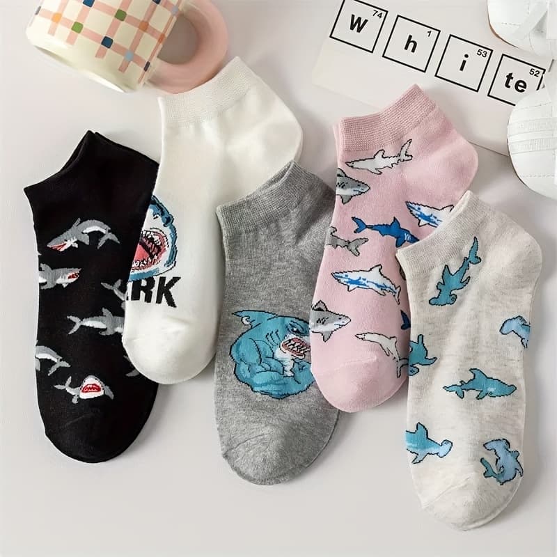 TEMU 5 Pairs Of Unisex Cartoon Shark Breathable No-show Socks