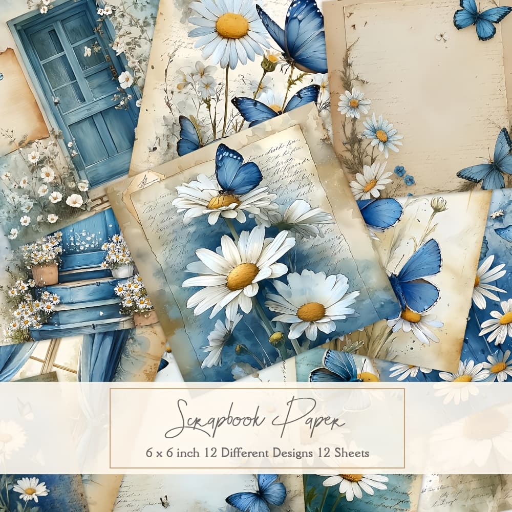 TEMU 12 Sheets Paper | 6×6 Inch, 12 Different Designs, Suitable For Illustrations, Letter Paper Designs, Background Papers, Handmade Material For Diaries - White Flowers And Blue Butterflies