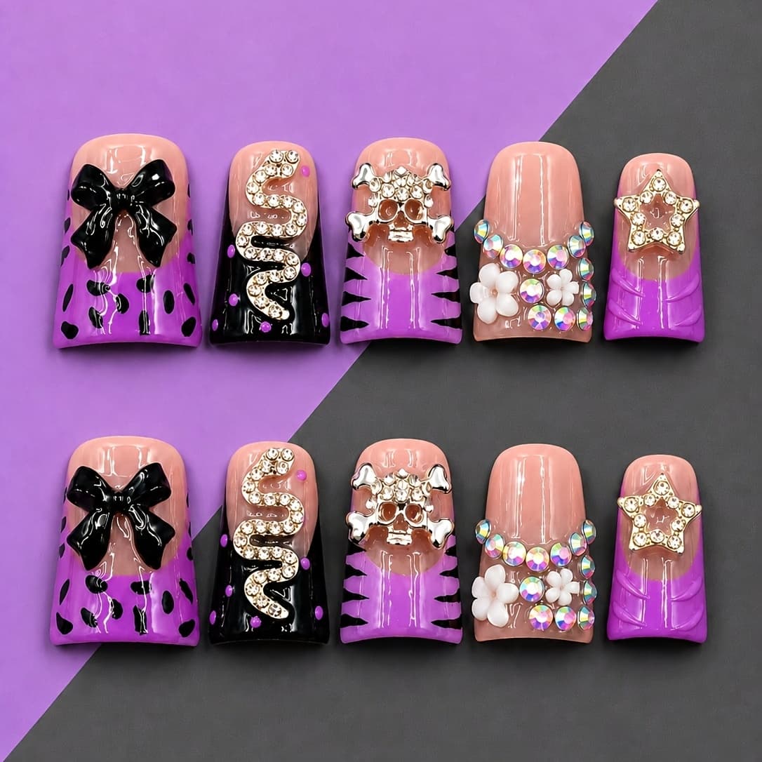 TEMU 10pcs, Spring And Winter Nails Colors 2026, Handmade Short Duckbill Acrylic Nails With Print, Zebra Print, Bowknot, Snake, And , Suitable For Women And, Party/daily Wear, Including Tools