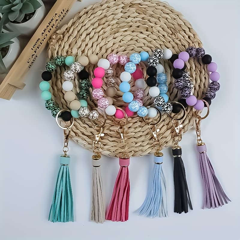 TEMU 6pcs/set Leopard Print Wooden Bead Bead Bead Bracelet Keychain Women's Keychain Holiday Gift