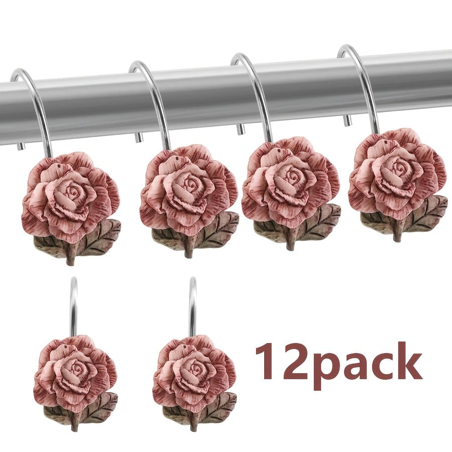TEMU 12pcs Rose Resin Shower Curtain Hooks - Rustproof Metal, For Bathroom & Living Room Decor, Shower Curtain Hook, Bathroom Decor