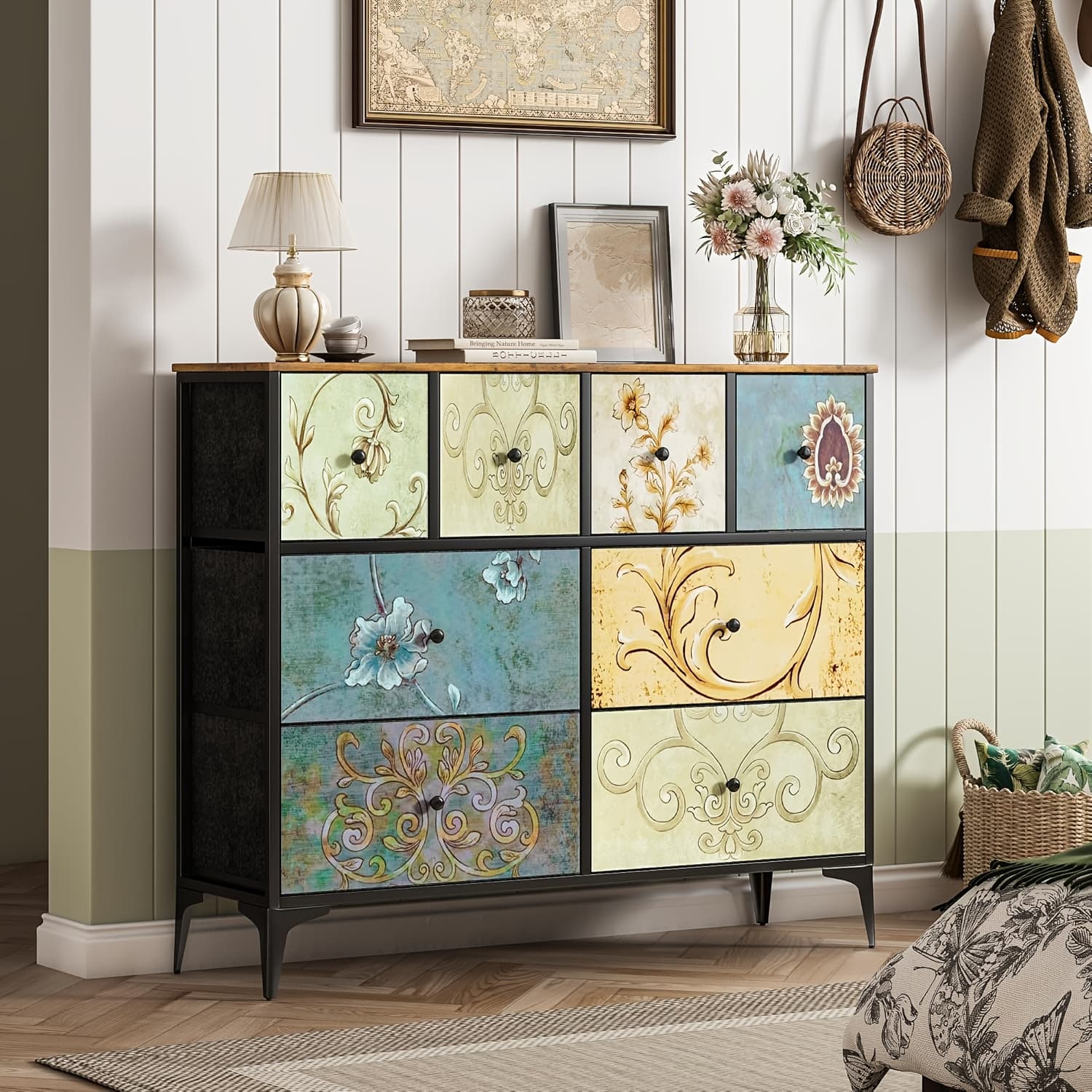 TEMU Office Storage Colorful Patterned Storage Cabinet, Vintage Floral Panels, 7drawer Large Capacity Organizer With Metal Handles, Entryway