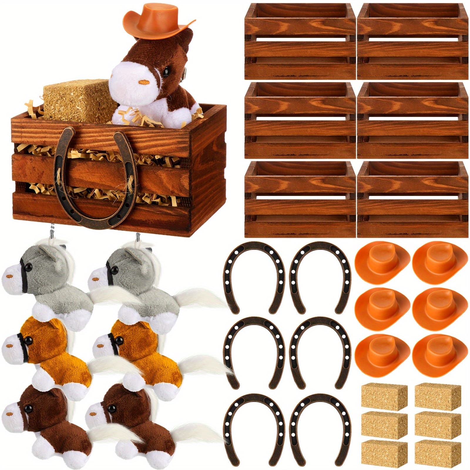 TEMU 31pcs Western Party Supplies Horse Plush Mini Cowboy Hats Horseshoe Decor Hay For Decoration Vintage Crates Table Centerpieces For Home Cowboy Party Wedding Birthday