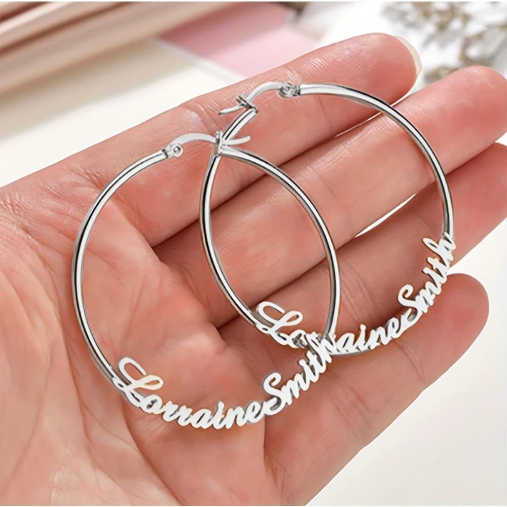 TEMU Custom Name Hoop Earrings, Personalized Couple Lover Friend Earrings, Stainless Steel Round Hoop Earrings, Women's Popular Jewelry, Language To English