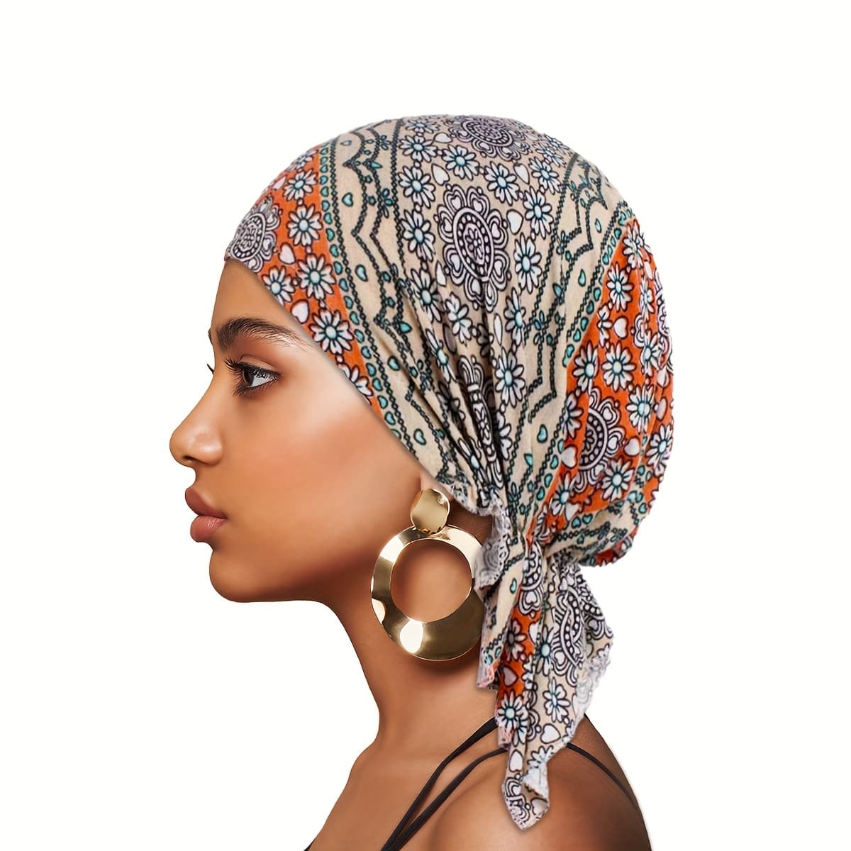 TEMU Women's Stretchy Elastic Hair Bonnet - Black & Golden Geometric Print, Comfortable Sleep & Chemotherapy Hat For Spring/autumn, Headwear Accessory, Hair Bonnet For Women