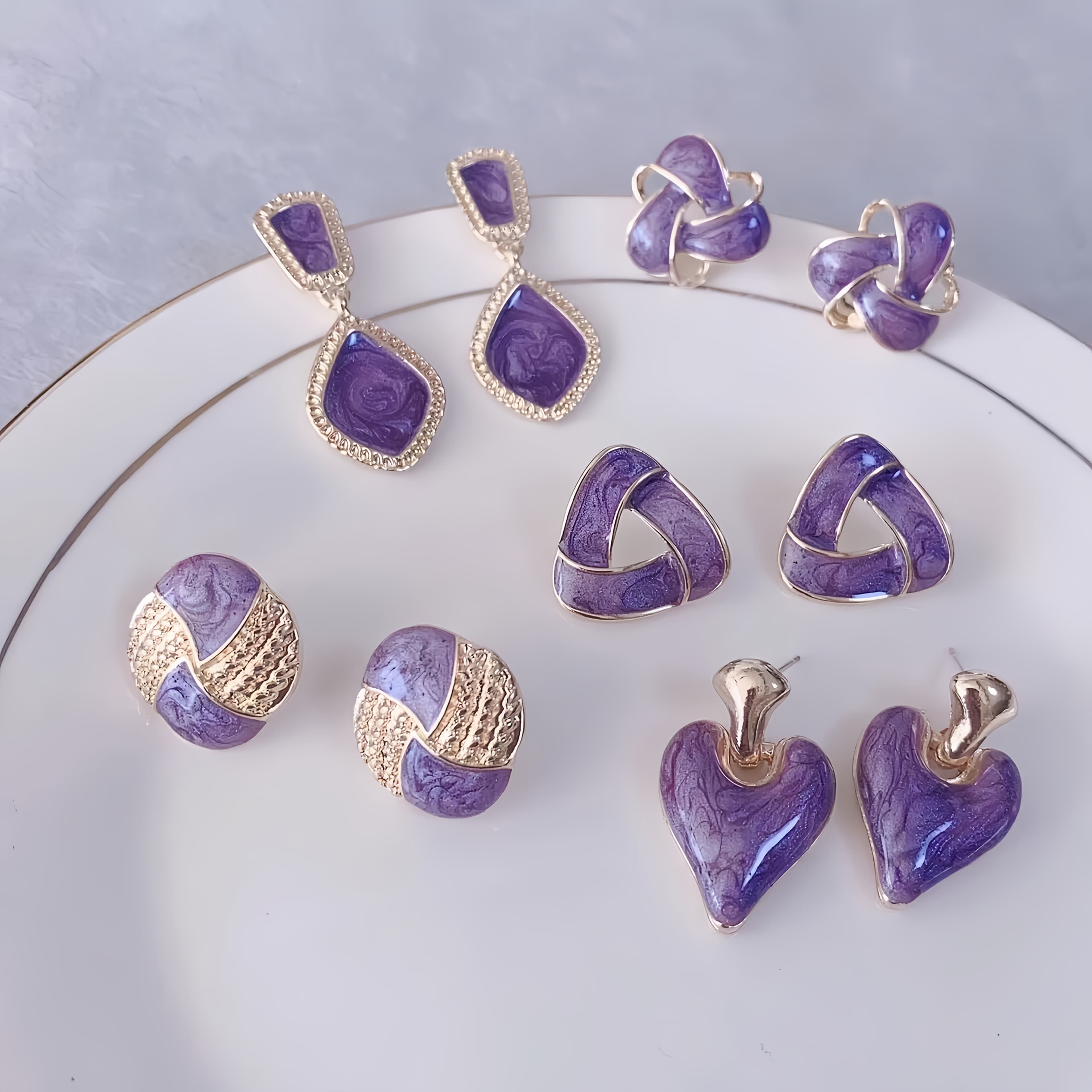 TEMU 5 Pairs/set Women's Fashion Stud Earrings Set Vintage Enamel Purple Heart Geometric Stud Earrings Suitable For Women' Casual Wear Holiday Gift
