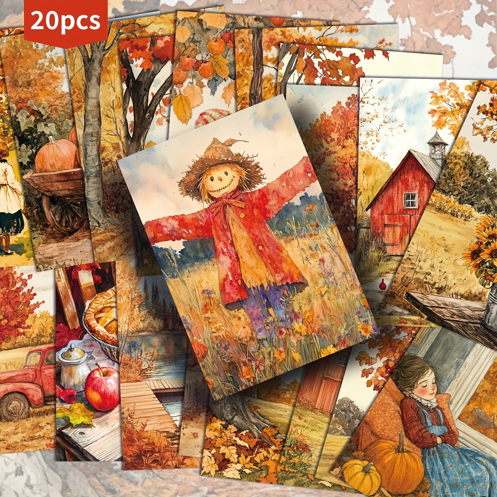 TEMU 20-pack Fall Country Outdoor Maple Leaf Pumpkin Postcards - 4x6 Inches Fall Junk Journal Paper, Classic Pinup Illustrations, Collectible Decorative Painting Cards For Scrapbooking & Crafting