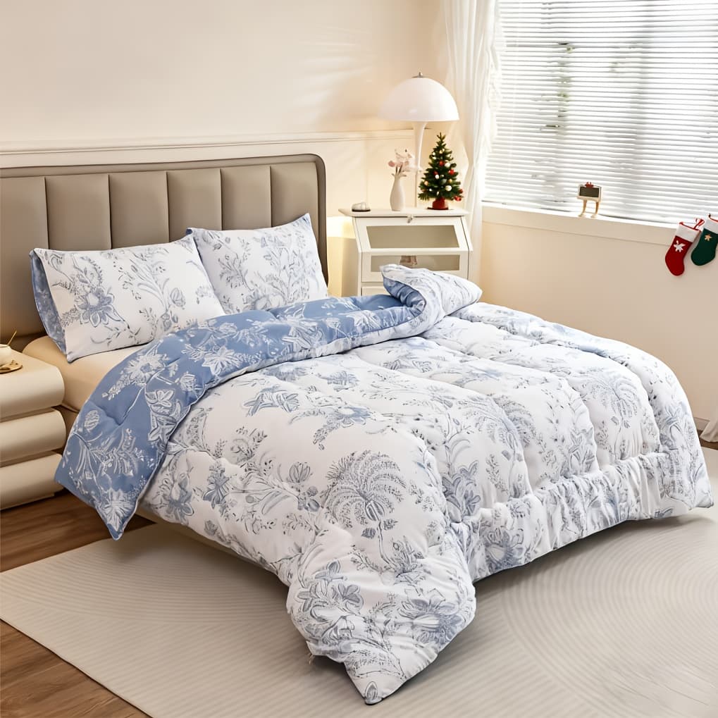 TEMU 2/3pcs Reversible Thick Comforter Set With Blue And White Floral Pattern On A - Features Traditional Elements Of Flowers & Leaves For An Elegant Charm, Including 1 Comforter And 1/2 Pillowcase.