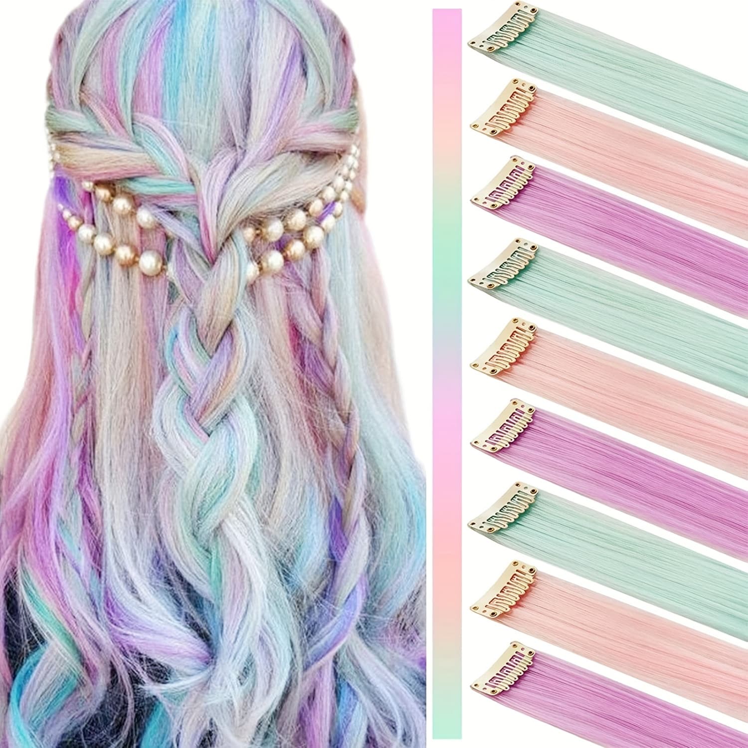 TEMU 9pcs/pack Women's Straight Synthetic Hair Extensions, 22 Inch Multicolor Clip-in Wigs, High Temperature Fiber, Cosplay Party Hair Accessories For Halloween And Christmas