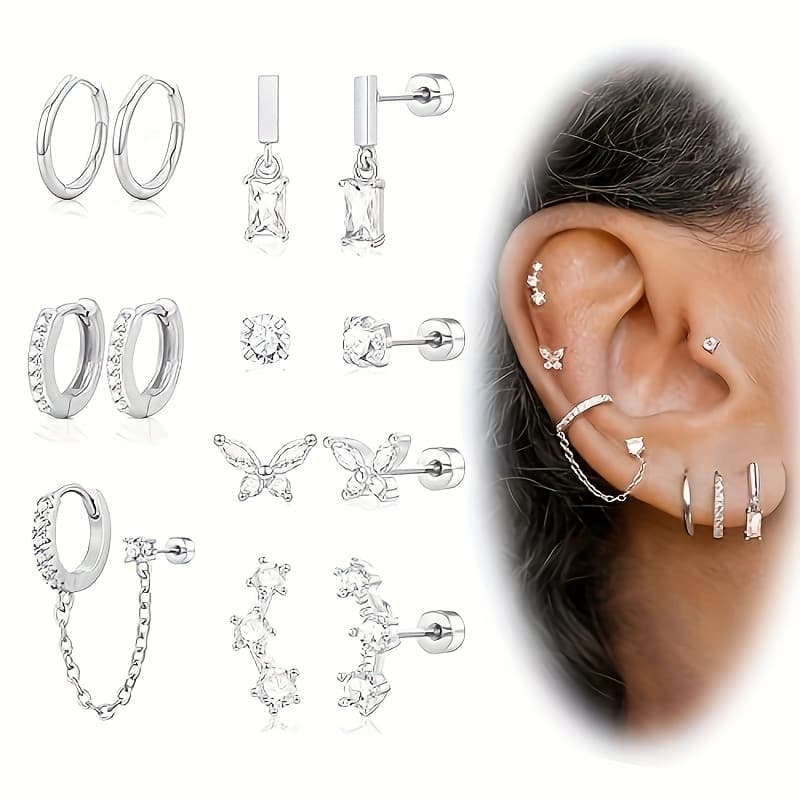 TEMU Hypoallergenic Flat Back Earrings, Cartilage Earrings, Fashionable Surgical Stainless Steel Earrings, Small Stud Earrings Hanging Chain Earring Stacking For And, For Teenager