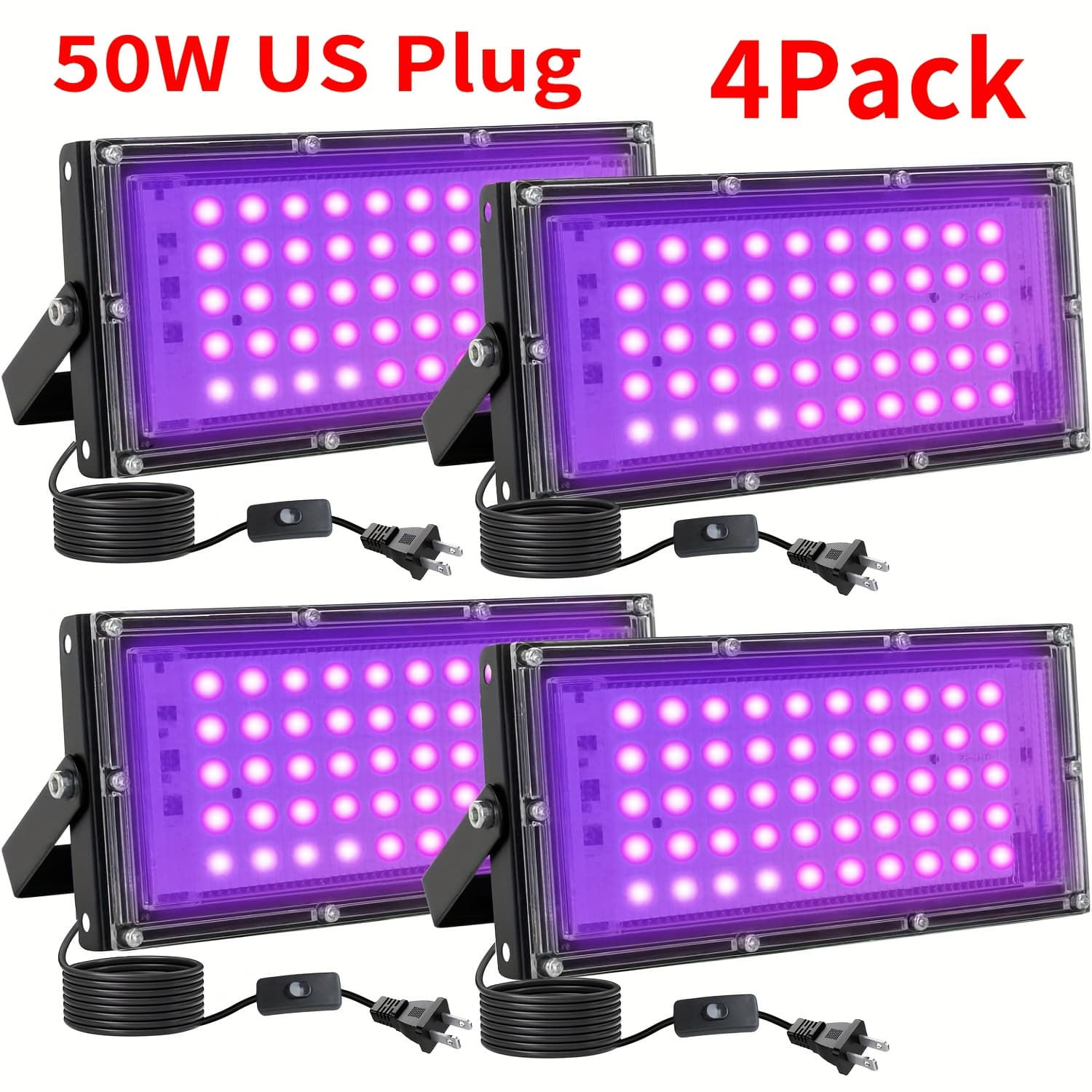 TEMU 4 Pack 50w Black Light Flood Light, Blacklight With Standard Us Plug And Switch 8m Power Cord, For Glow Party, Halloween, Neon Glow, Aquarium, Fluorescent Poster, Body Paint, Glow In The Dark