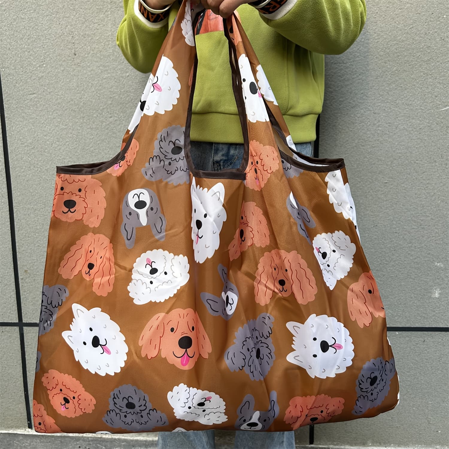 TEMU Large Cartoon Dog Pattern Tote Bag - Durable Nylon Shoulder Bag With Wrist Strap, Foldable & Reusable Grocery Bag For Shopping, Travel, And Camping - Brown With Multicolor Dog Illustrations