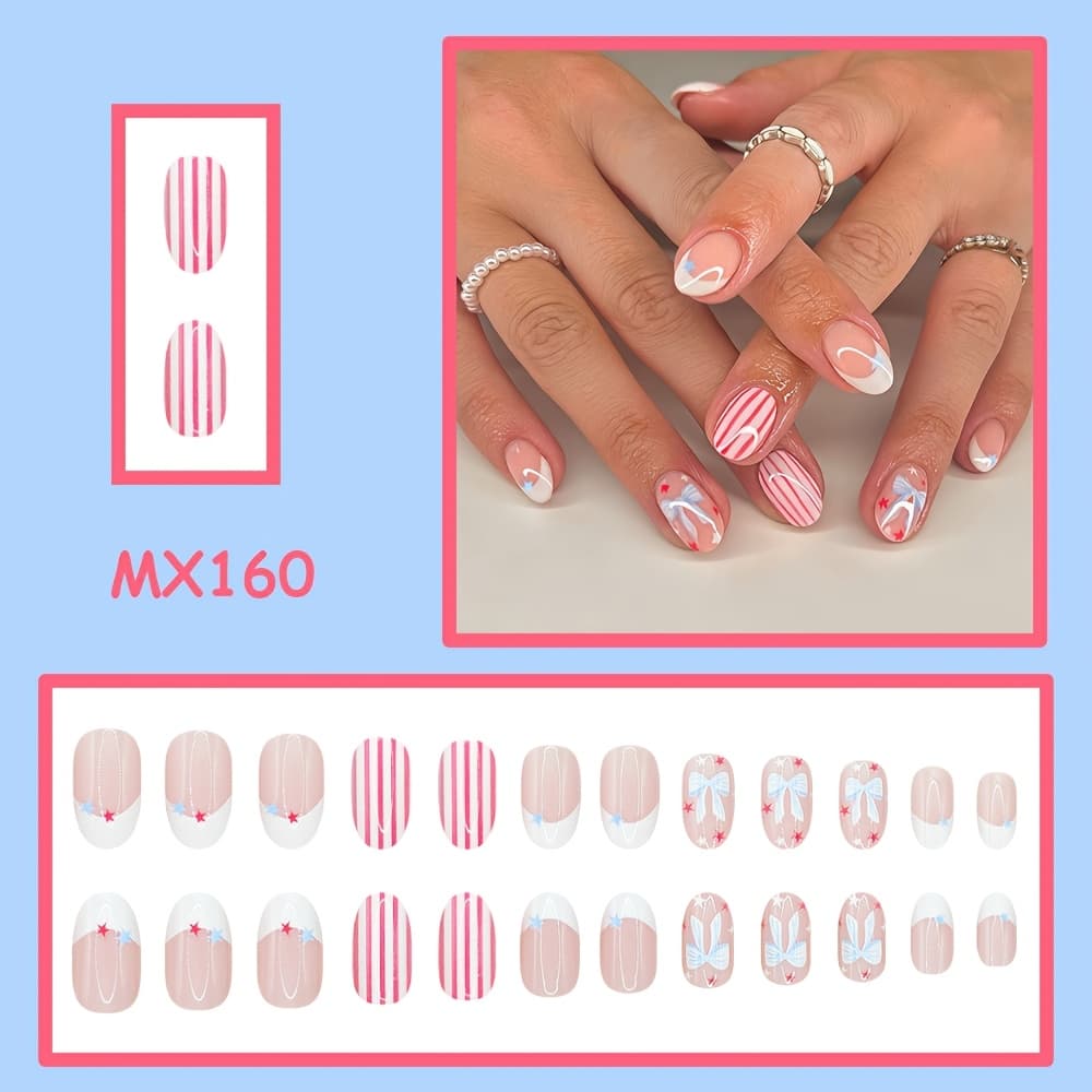 TEMU 24pcs Short Cute Star Bow Striped -on Nails, Red Blue July 4th Day Fake Nails, Suitable For Women's Day Parties, , Dates, Daily Decoration Matching