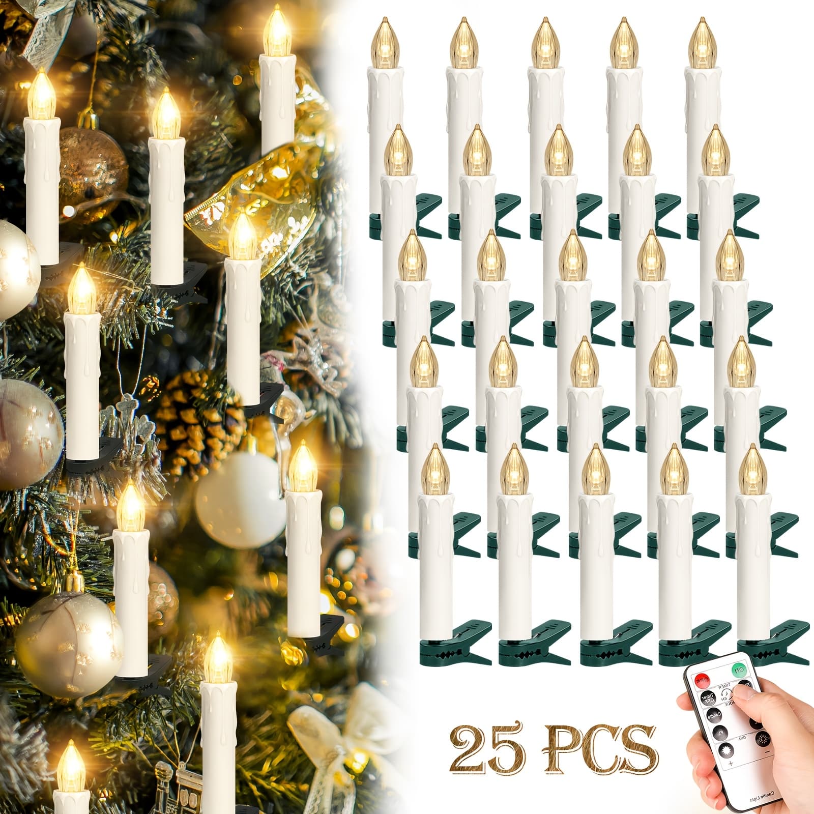 TEMU 25pcs Flameless Christmas Tree Candles With Remote, Battery Operated Clip-on Led Taper Candles With Timer & 4 , Dimmable Flickering Candles For Xmas Tree, Holiday, Party, Wedding Decorations