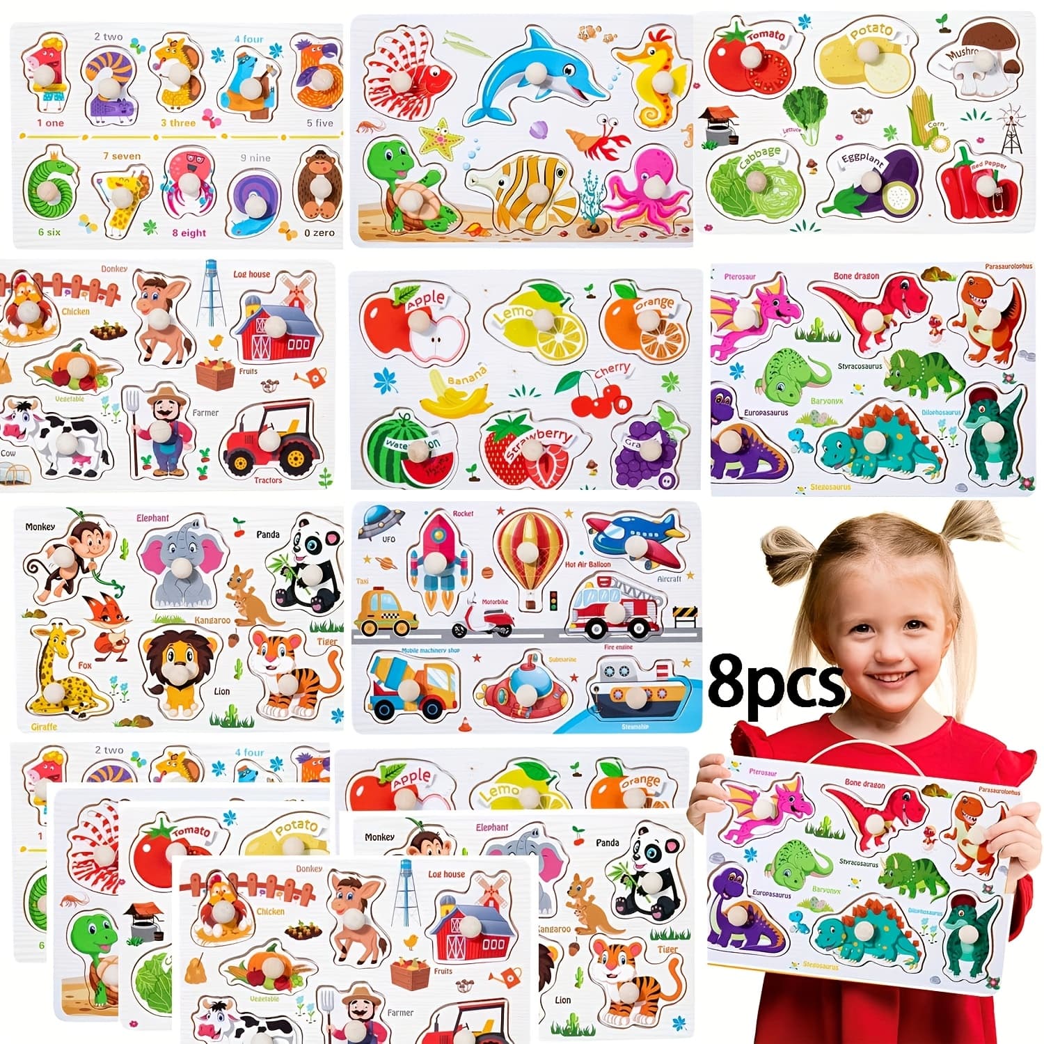 TEMU 8pcswooden Puzzles Toys, Fruits, Animals, Dinosaurs, Numbers, Vegetables, Transportation, Farm Jigsaw Puzzles Toys, Learning Educational Christmas Birthday Gifts For Girls Boys Local Warehouse
